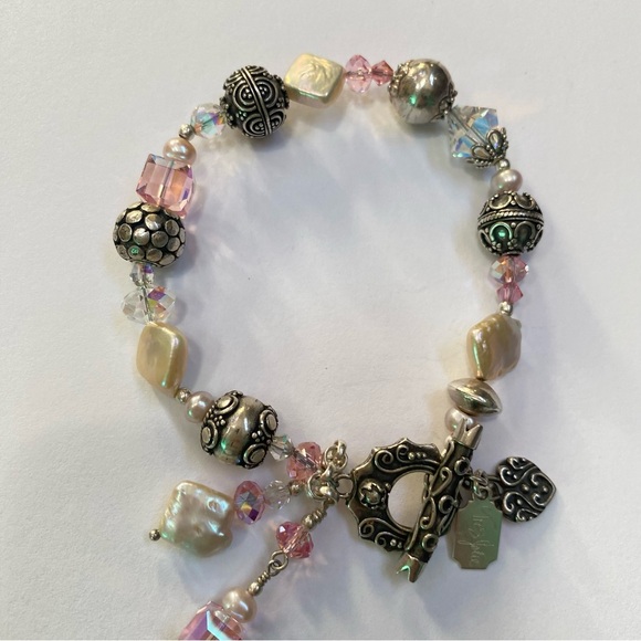 Tres Jolie Pale Pink Crystal Pearl Sterling Silver Bali Beads Toggle Bracelet - Picture 10 of 12